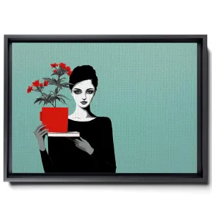 The Artist Is Holding Her Own Book And Coffee, In The Style Of Minimalist Illustrator, Made Of Flowers, Light Emerald And Red, Romantic Gestures, Canvas Prints
