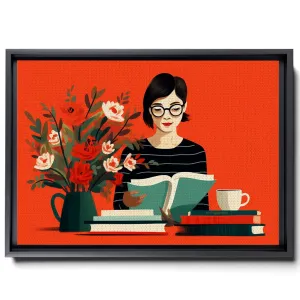 The Artist Is Holding Her Own Book And Coffee, In The Style Of Minimalist Illustrator, Made Of Flowers, Light Emerald And Red, Romantic Gestures, Decor Canvas