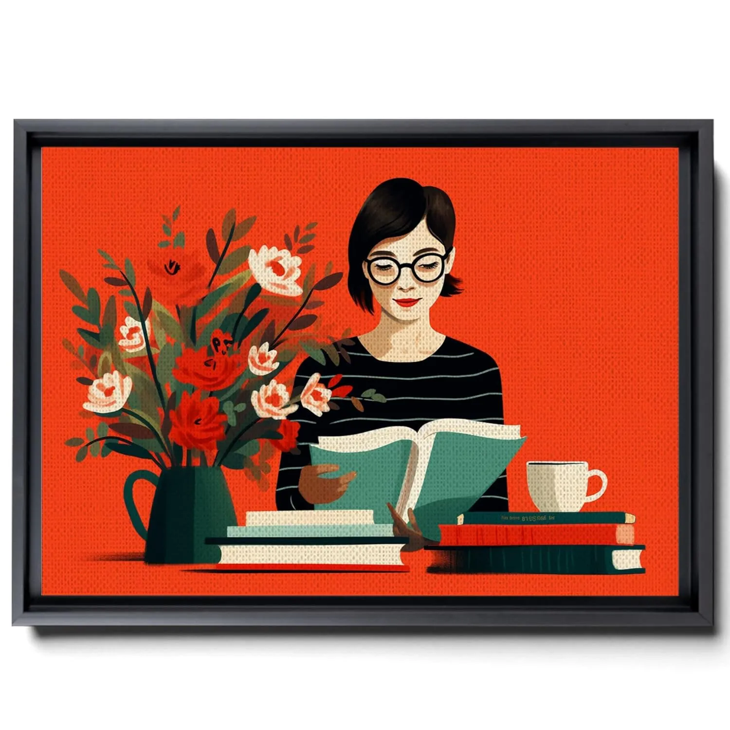 The Artist Is Holding Her Own Book And Coffee, In The Style Of Minimalist Illustrator, Made Of Flowers, Light Emerald And Red, Romantic Gestures, Decor Canvas