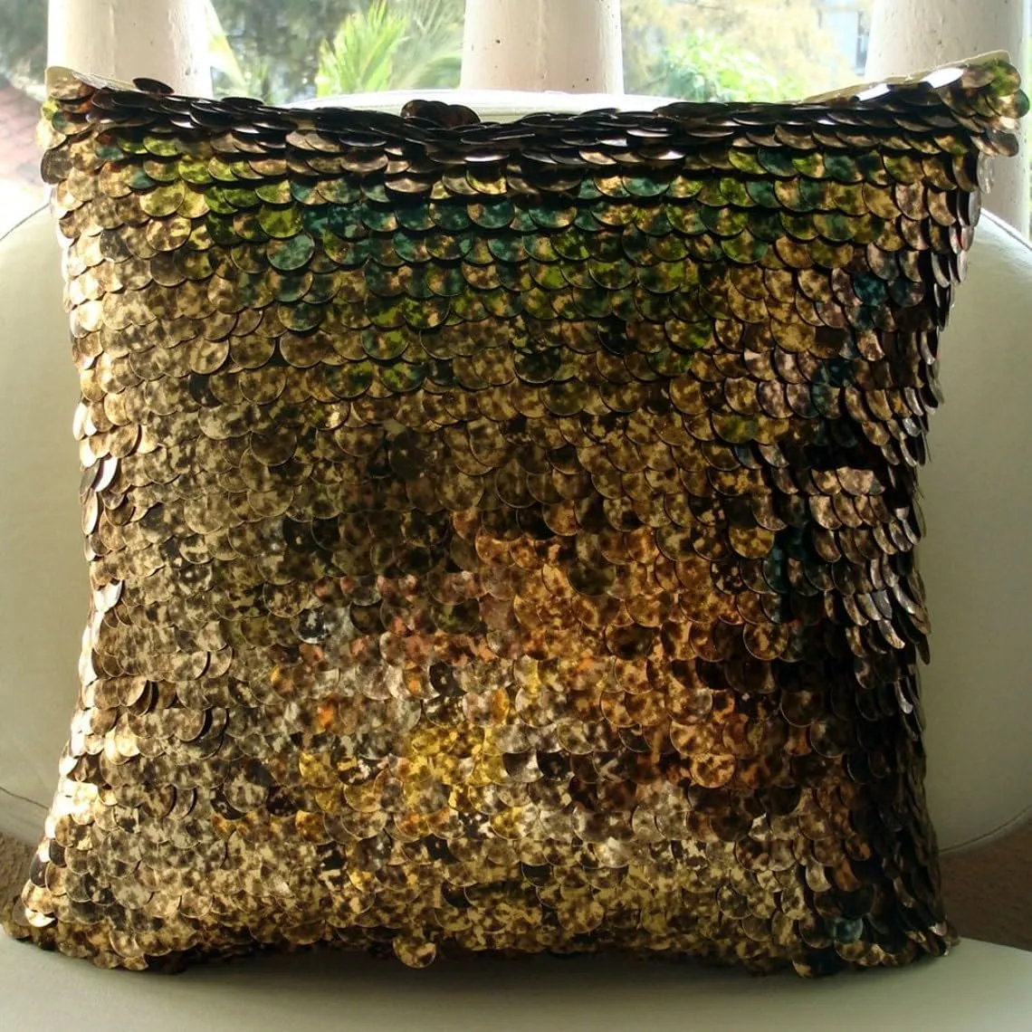 The HomeCentric Cushion Cover, Gold Throw Pillow Cover, Textured Sequins Glitter Sparkly Pillow Cover, Throw Pillow Cover 14x14 inch (35x35 cm) Square Silk Pillow Cover - Exotic Gold N Black Scales