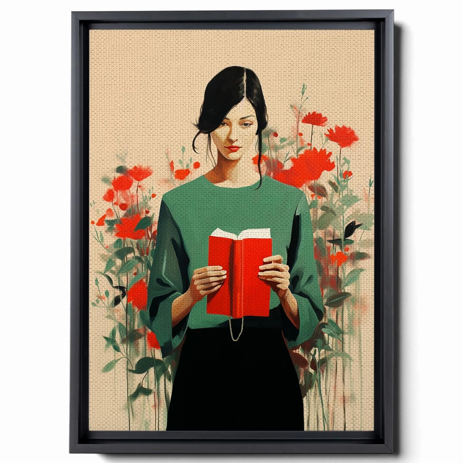 The Artist Is Holding Her Own Book And Coffee, In The Style Of Minimalist Illustrator, Made Of Flowers, Light Emerald And Red, Romantic Gestures, Canvas