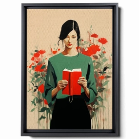 The Artist Is Holding Her Own Book And Coffee, In The Style Of Minimalist Illustrator, Made Of Flowers, Light Emerald And Red, Romantic Gestures, Canvas