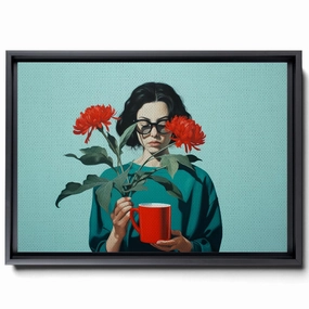 The Artist Is Holding Her Own Book And Coffee, In The Style Of Minimalist Illustrator, Made Of Flowers, Light Emerald And Red, Romantic Gestures, Canvas
