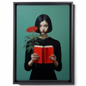The Artist Is Holding Her Own Book And Coffee, In The Style Of Minimalist Illustrator, Made Of Flowers, Light Emerald And Red, Romantic Gestures, Canvas Prints