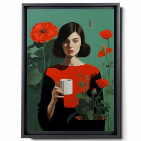 The Artist Is Holding Her Own Book And Coffee, In The Style Of Minimalist Illustrator, Made Of Flowers, Light Emerald And Red, Romantic Gestures, Decor Canvas
