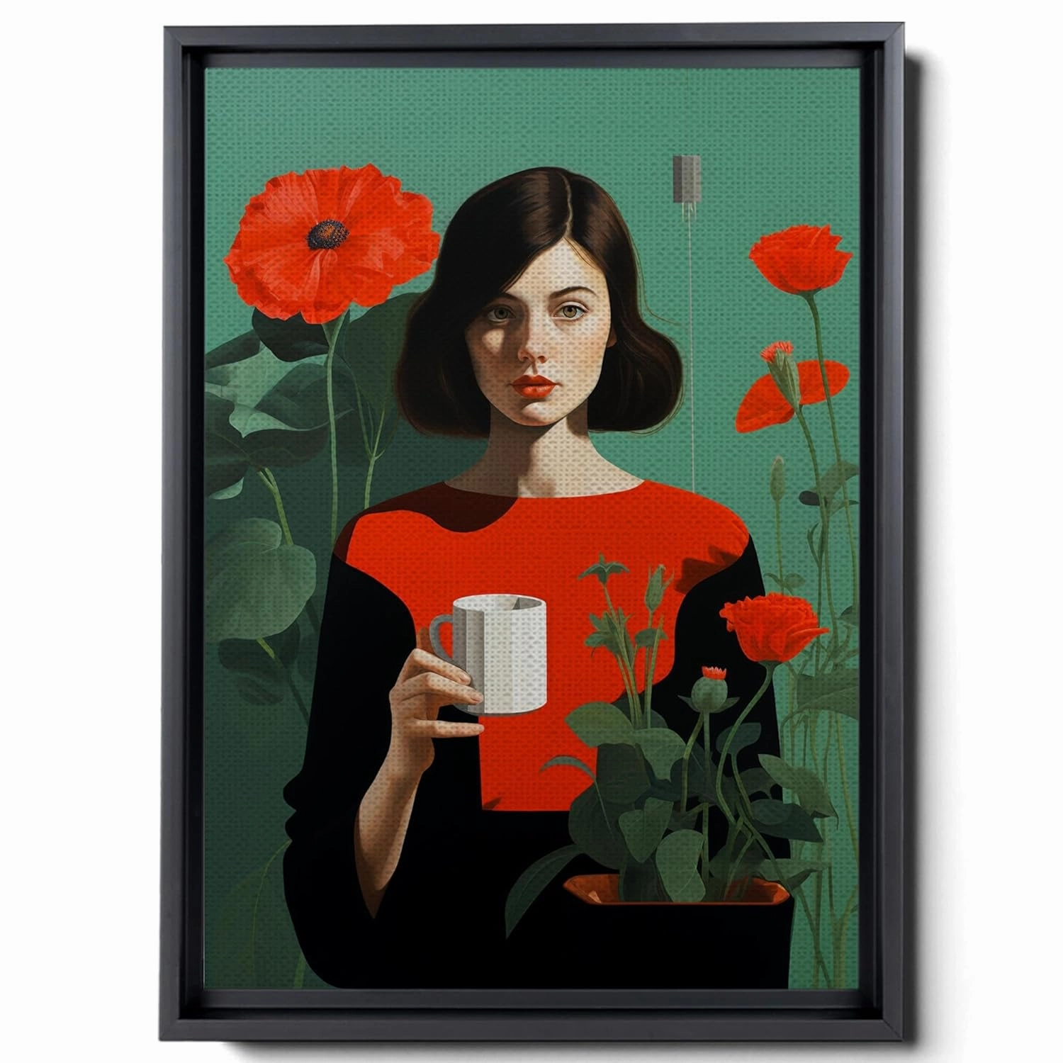 The Artist Is Holding Her Own Book And Coffee, In The Style Of Minimalist Illustrator, Made Of Flowers, Light Emerald And Red, Romantic Gestures, Decor Canvas