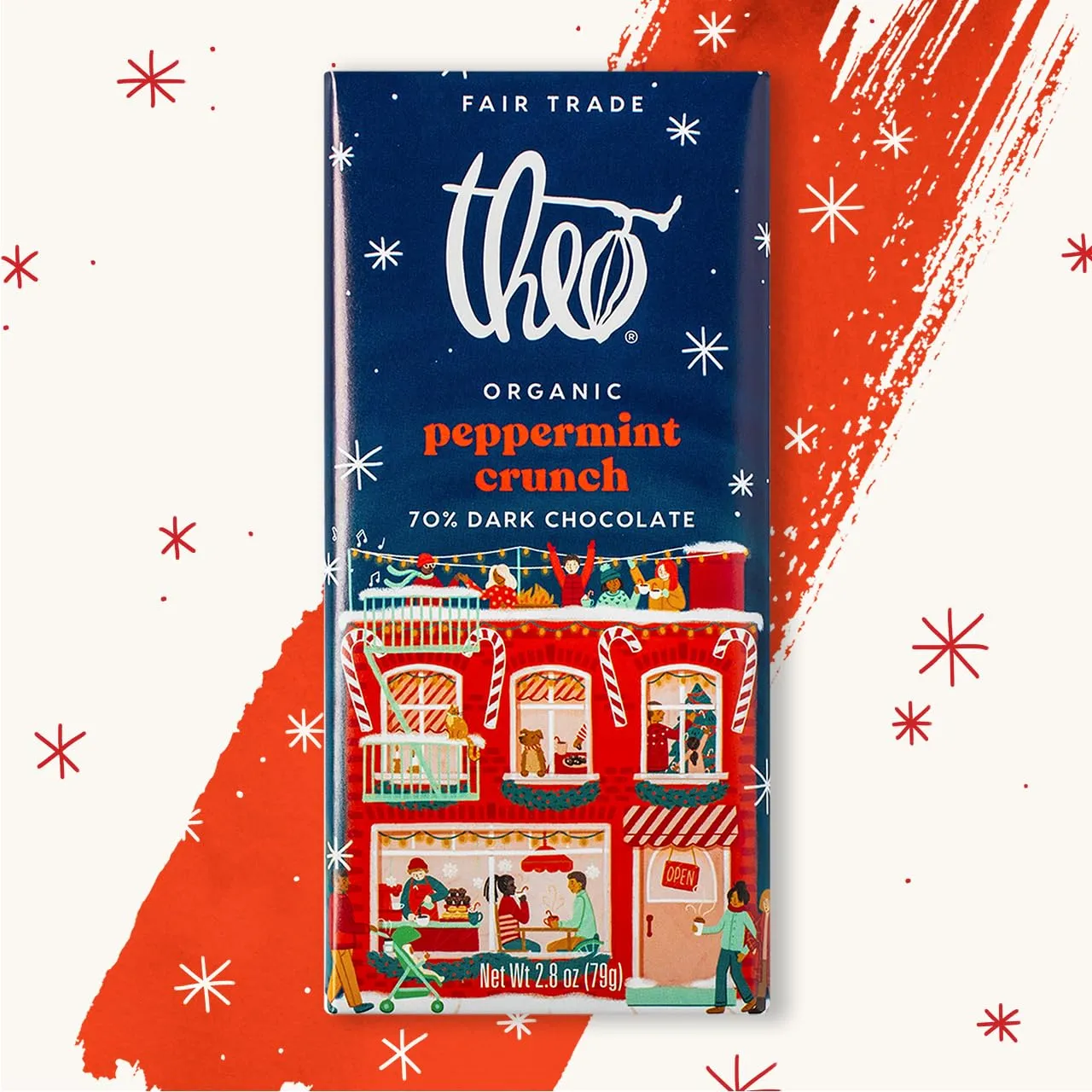 THEO Chocolate Holiday Peppermint Crunch Organic Dark Chocolate Bar, 70% Cacao, 12 Pack | Vegan, Fair Trade, 2.8 ounces
