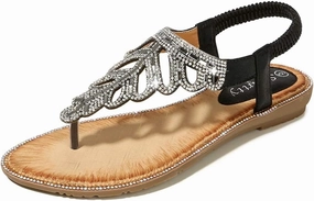 Thong Sandals for Women Beach,Bohemia Floral Flat Sandals T-Strap Summer Beach Glitter Beaded Elastic Flip-Flop Thong Shoes