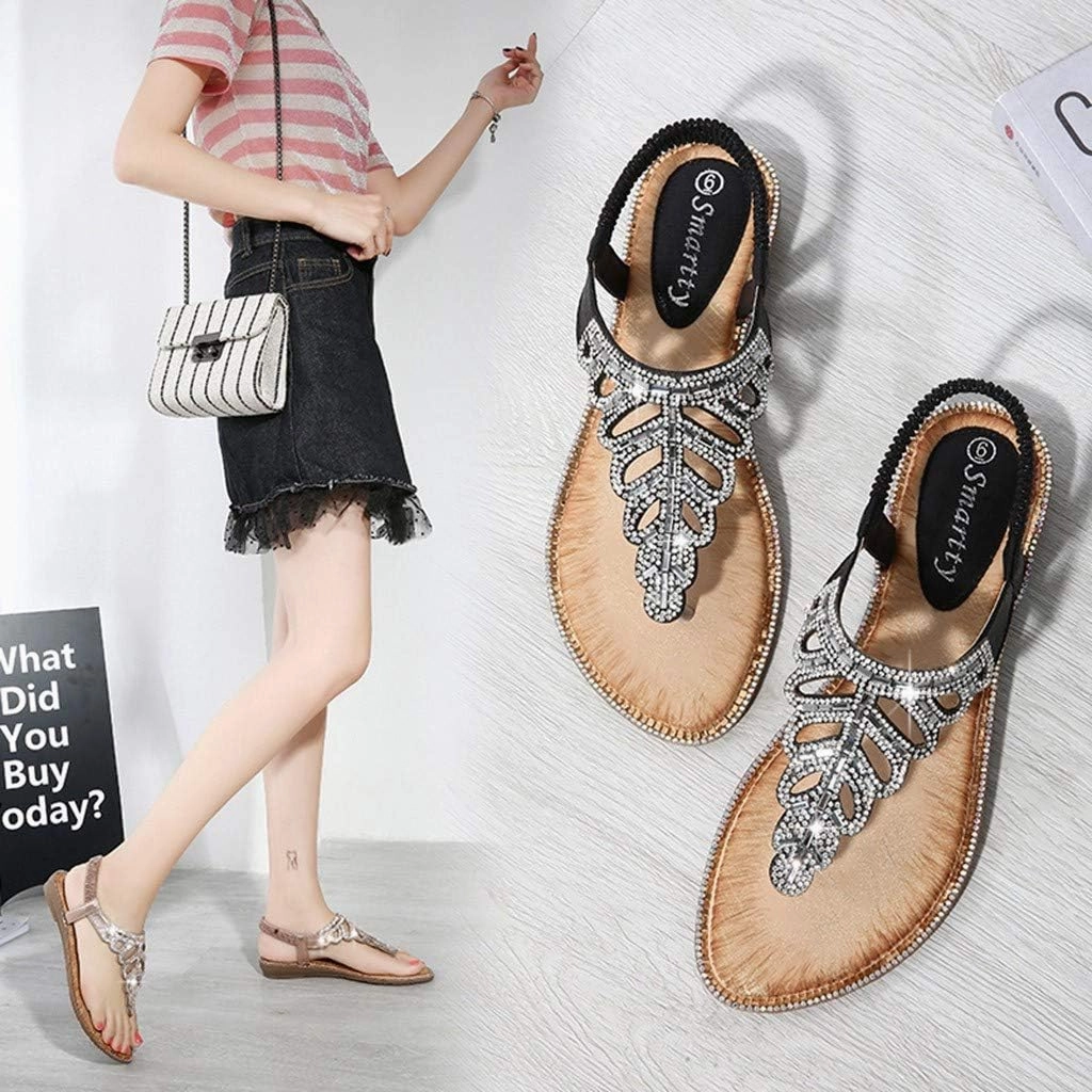 Thong Sandals for Women Beach,Bohemia Floral Flat Sandals T-Strap Summer Beach Glitter Beaded Elastic Flip-Flop Thong Shoes