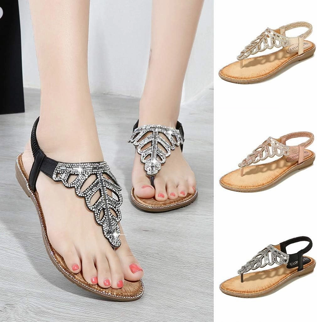 Thong Sandals for Women Beach,Bohemia Floral Flat Sandals T-Strap Summer Beach Glitter Beaded Elastic Flip-Flop Thong Shoes