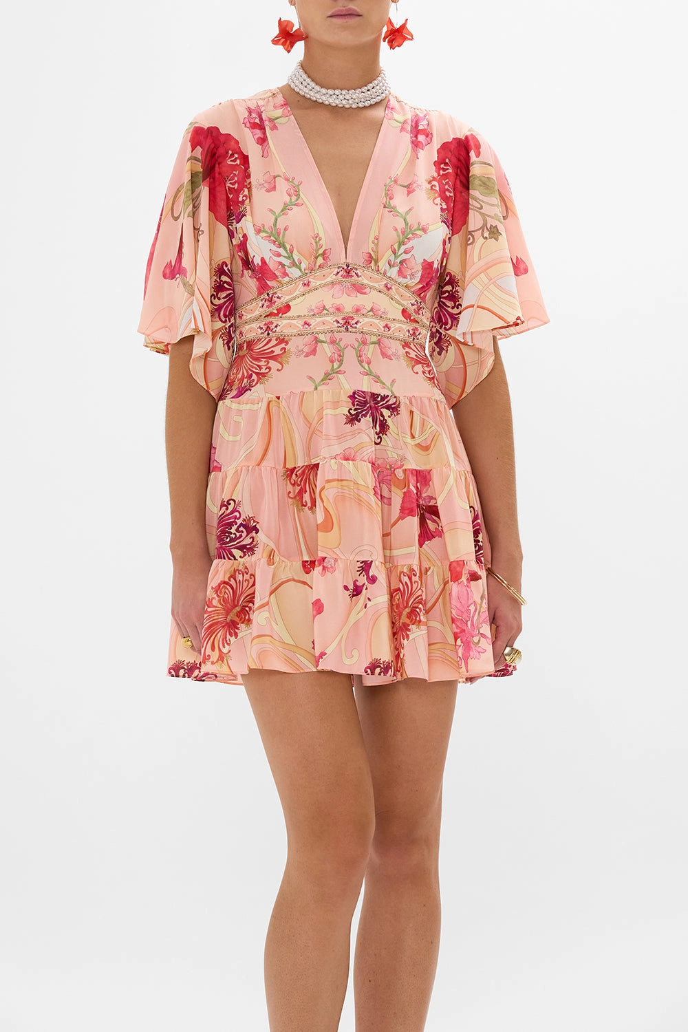 TIERED SKIRT MINI DRESS BLOSSOMS AND BRUSHSTROKES