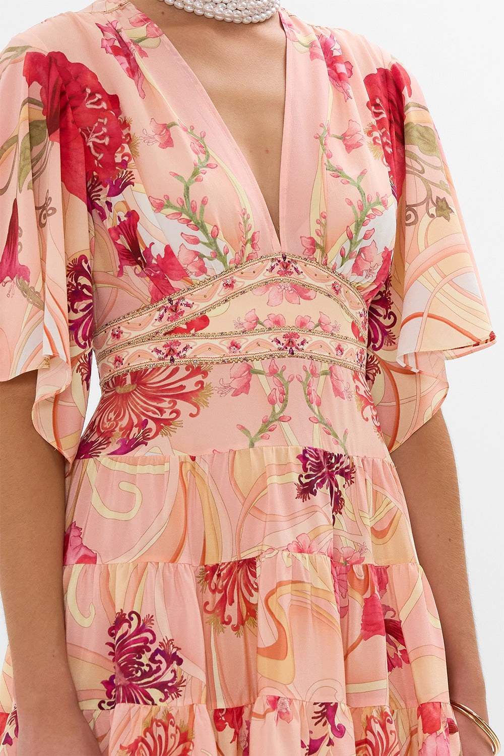 TIERED SKIRT MINI DRESS BLOSSOMS AND BRUSHSTROKES
