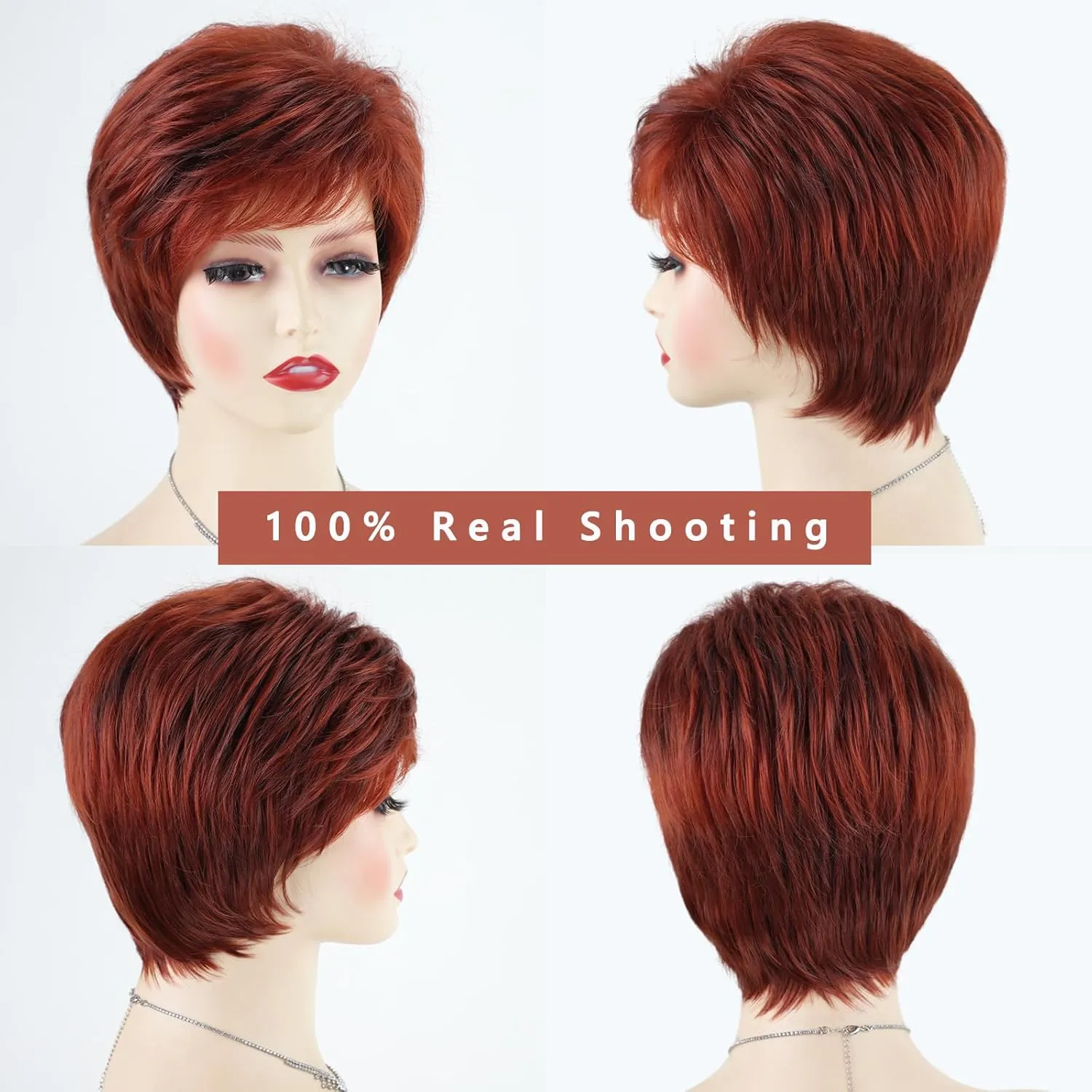 TISHINING Short Red Pixie Cut Wigs for White Women Copper Red Mixed Brown Highlight Synthetic Hair Wig with Bangs Layered Natural Wavy Hair Wig for Daily Party Use