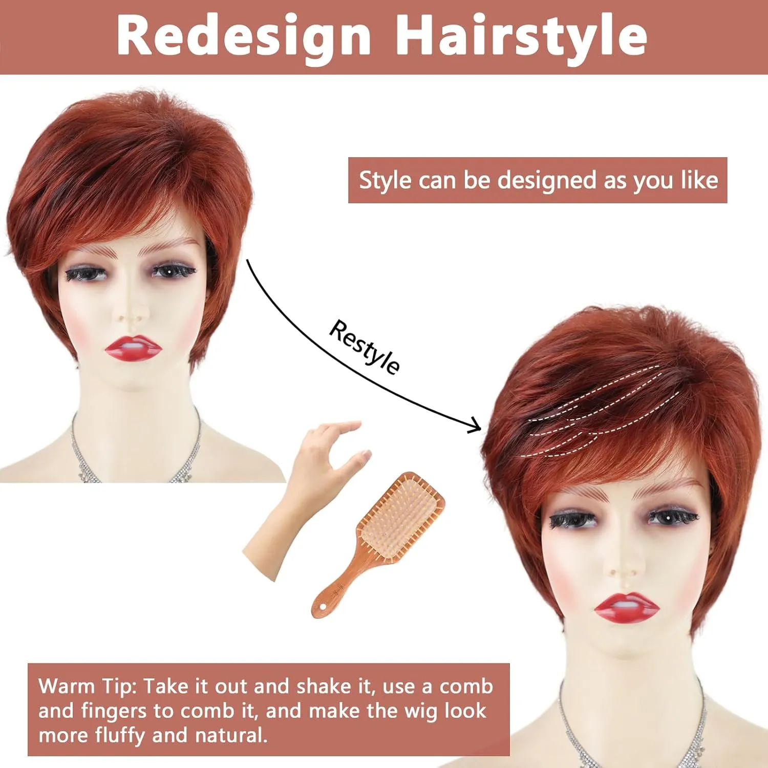 TISHINING Short Red Pixie Cut Wigs for White Women Copper Red Mixed Brown Highlight Synthetic Hair Wig with Bangs Layered Natural Wavy Hair Wig for Daily Party Use