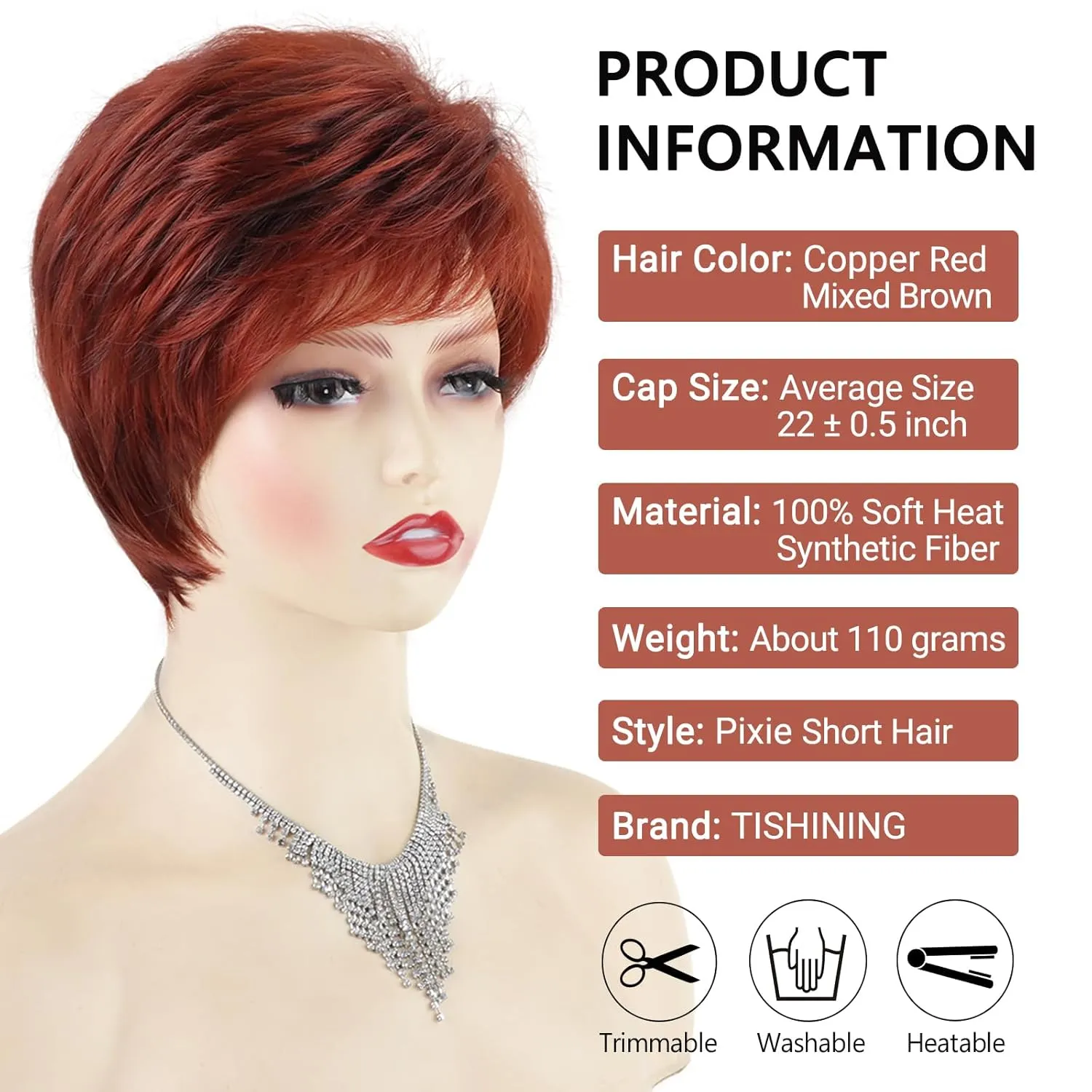 TISHINING Short Red Pixie Cut Wigs for White Women Copper Red Mixed Brown Highlight Synthetic Hair Wig with Bangs Layered Natural Wavy Hair Wig for Daily Party Use