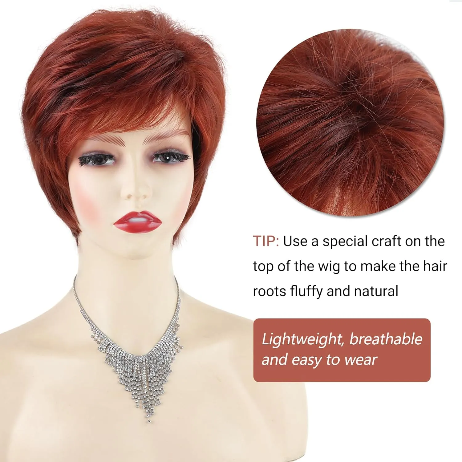 TISHINING Short Red Pixie Cut Wigs for White Women Copper Red Mixed Brown Highlight Synthetic Hair Wig with Bangs Layered Natural Wavy Hair Wig for Daily Party Use
