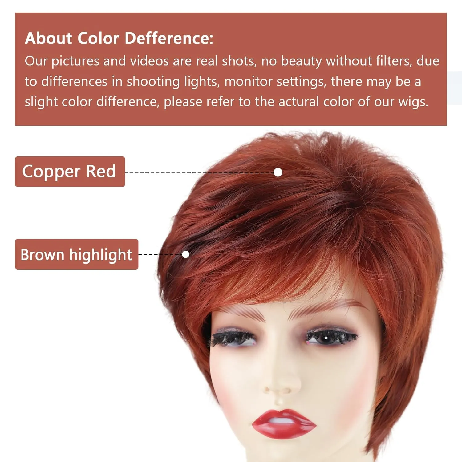 TISHINING Short Red Pixie Cut Wigs for White Women Copper Red Mixed Brown Highlight Synthetic Hair Wig with Bangs Layered Natural Wavy Hair Wig for Daily Party Use