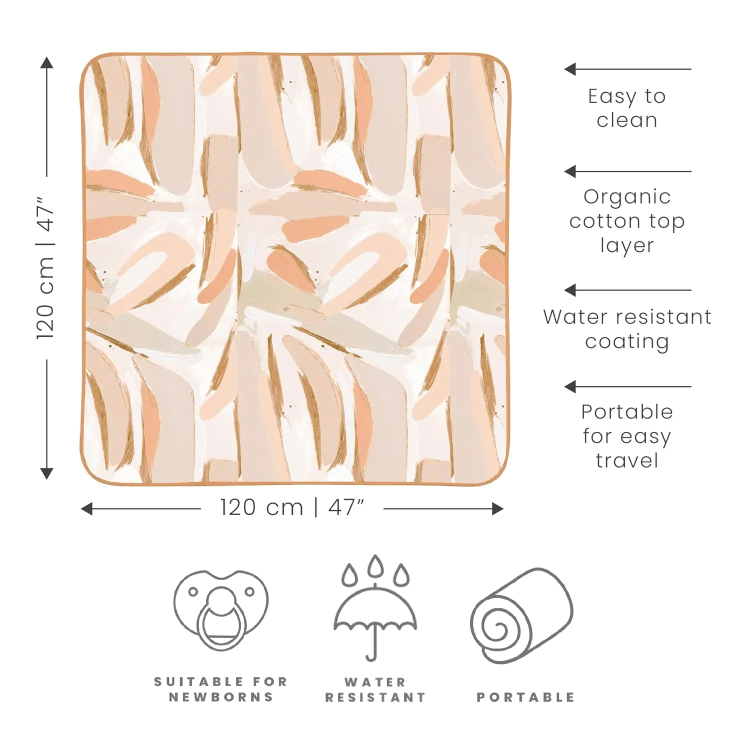 Toddlekind Pretty Practical Mat 100% Organic Cotton 47" x 47”, Reversible, Portable, Travel, Portable, Indoor/Outdoor, for Babies/Toddlers, Peach Skies (Peaches)