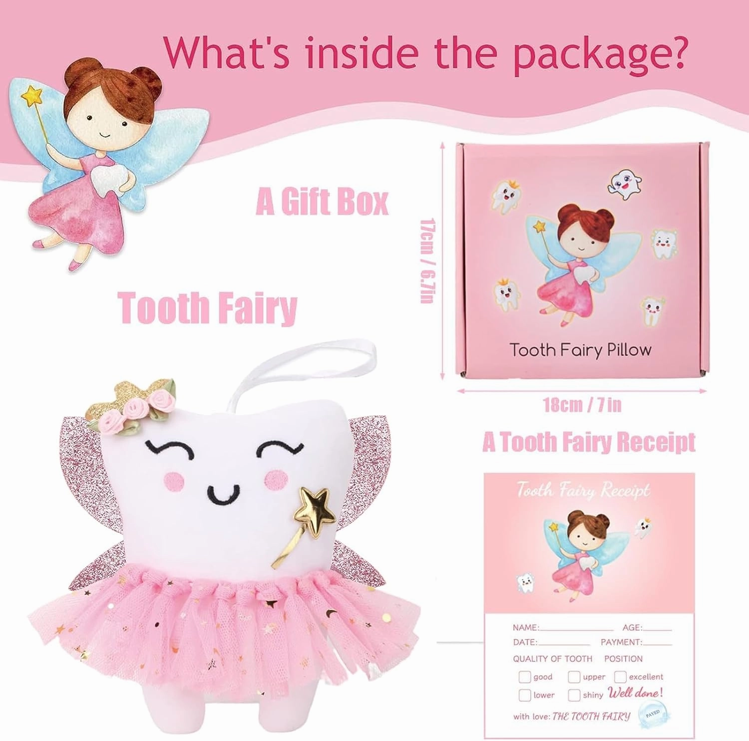 Tooth Fairy Pillow,Tooth Fairy Plush Dolls for Girls with Pocket and Glittering Wings