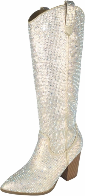 TOP Moda Women Knee High Boots Block High Heels Rhinestone Bling Glitter Side Zipper Pointed-Toe IMOGEN-38