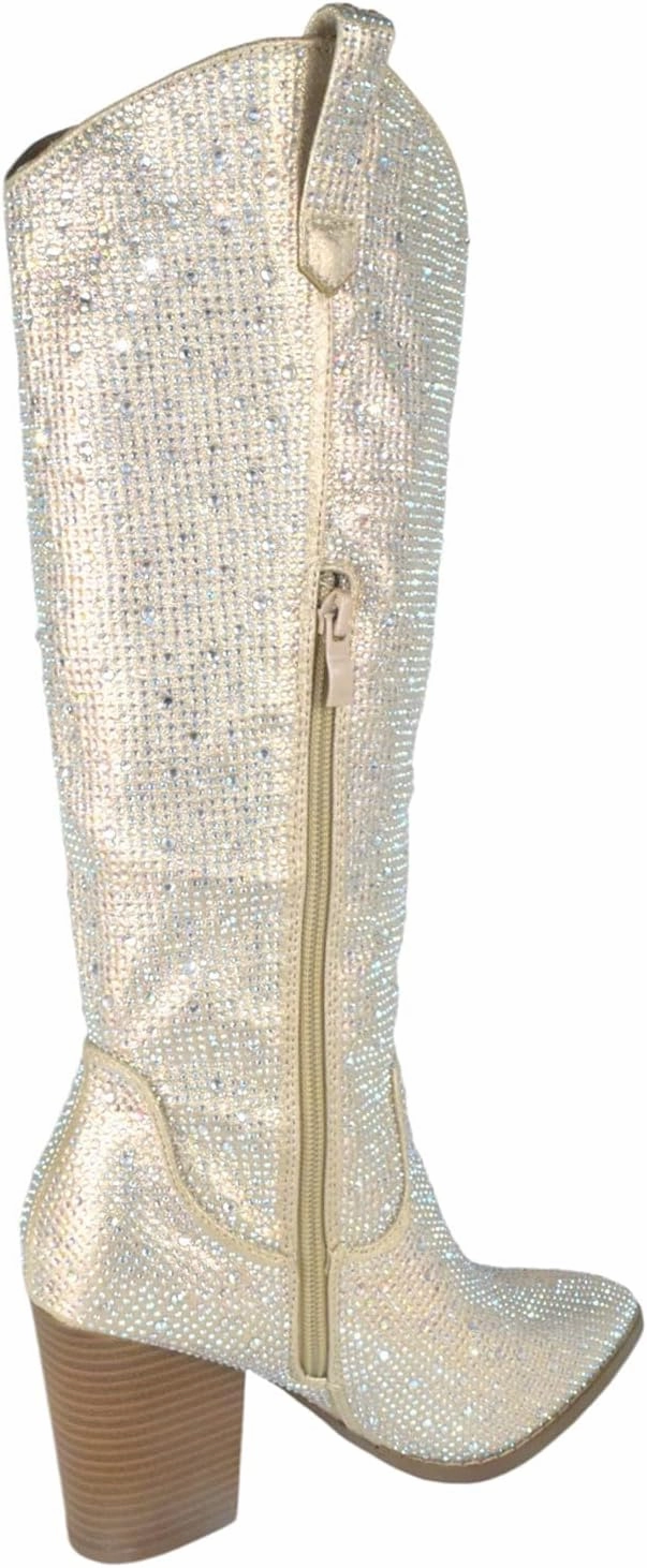 TOP Moda Women Knee High Boots Block High Heels Rhinestone Bling Glitter Side Zipper Pointed-Toe IMOGEN-38