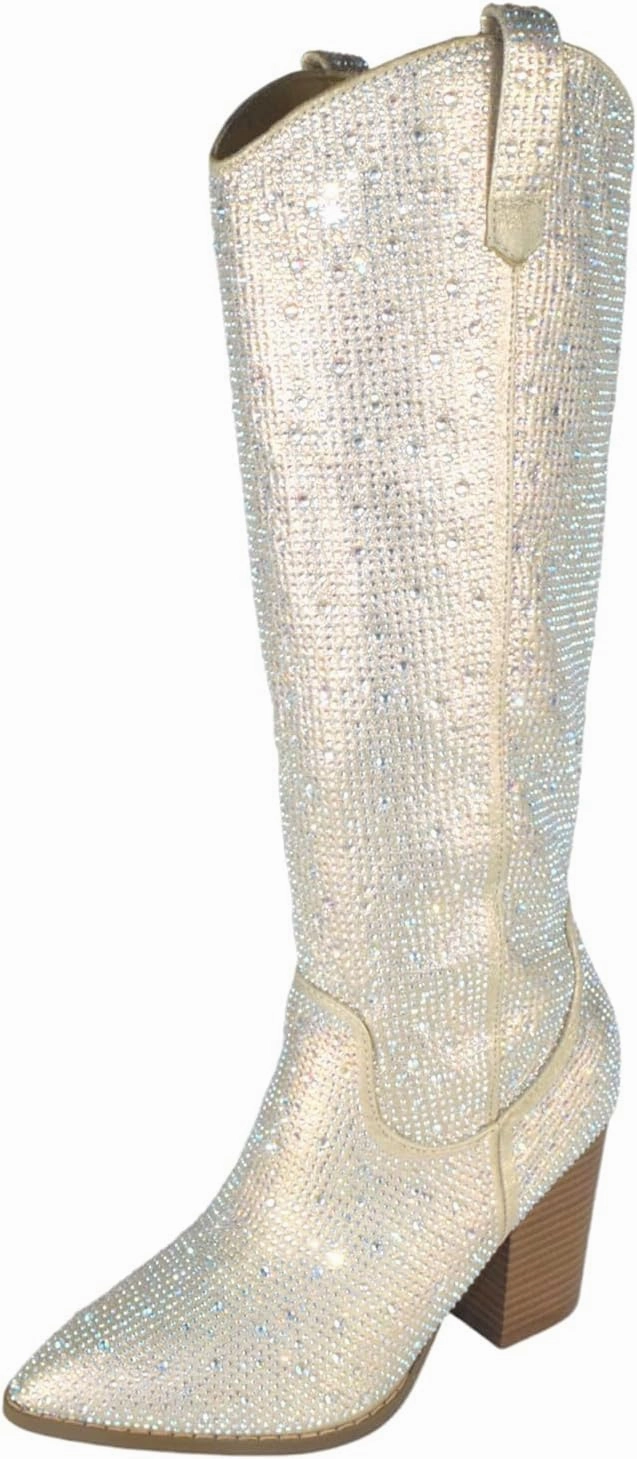 TOP Moda Women Knee High Boots Block High Heels Rhinestone Bling Glitter Side Zipper Pointed-Toe IMOGEN-38