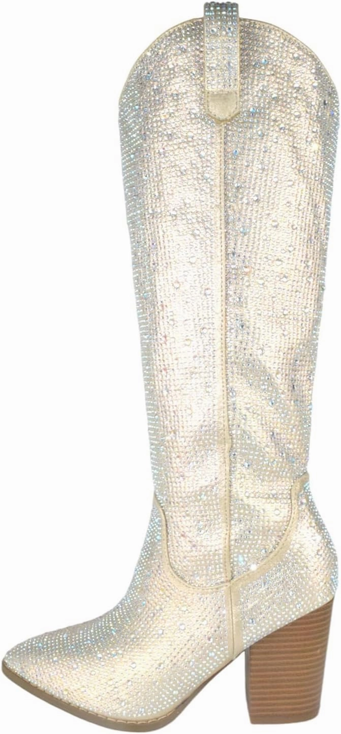 TOP Moda Women Knee High Boots Block High Heels Rhinestone Bling Glitter Side Zipper Pointed-Toe IMOGEN-38