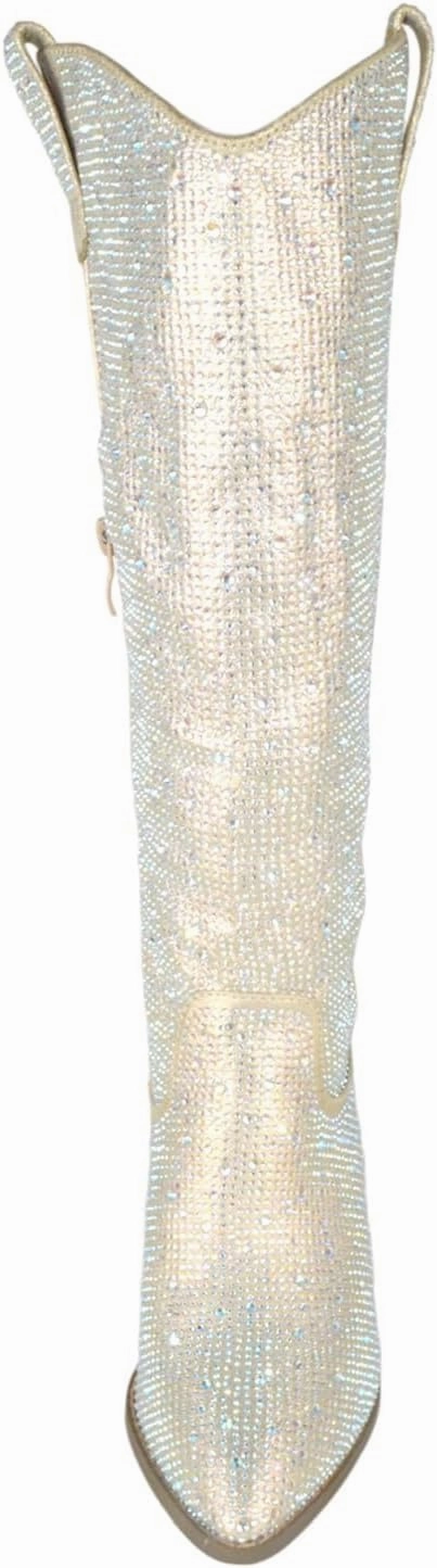 TOP Moda Women Knee High Boots Block High Heels Rhinestone Bling Glitter Side Zipper Pointed-Toe IMOGEN-38