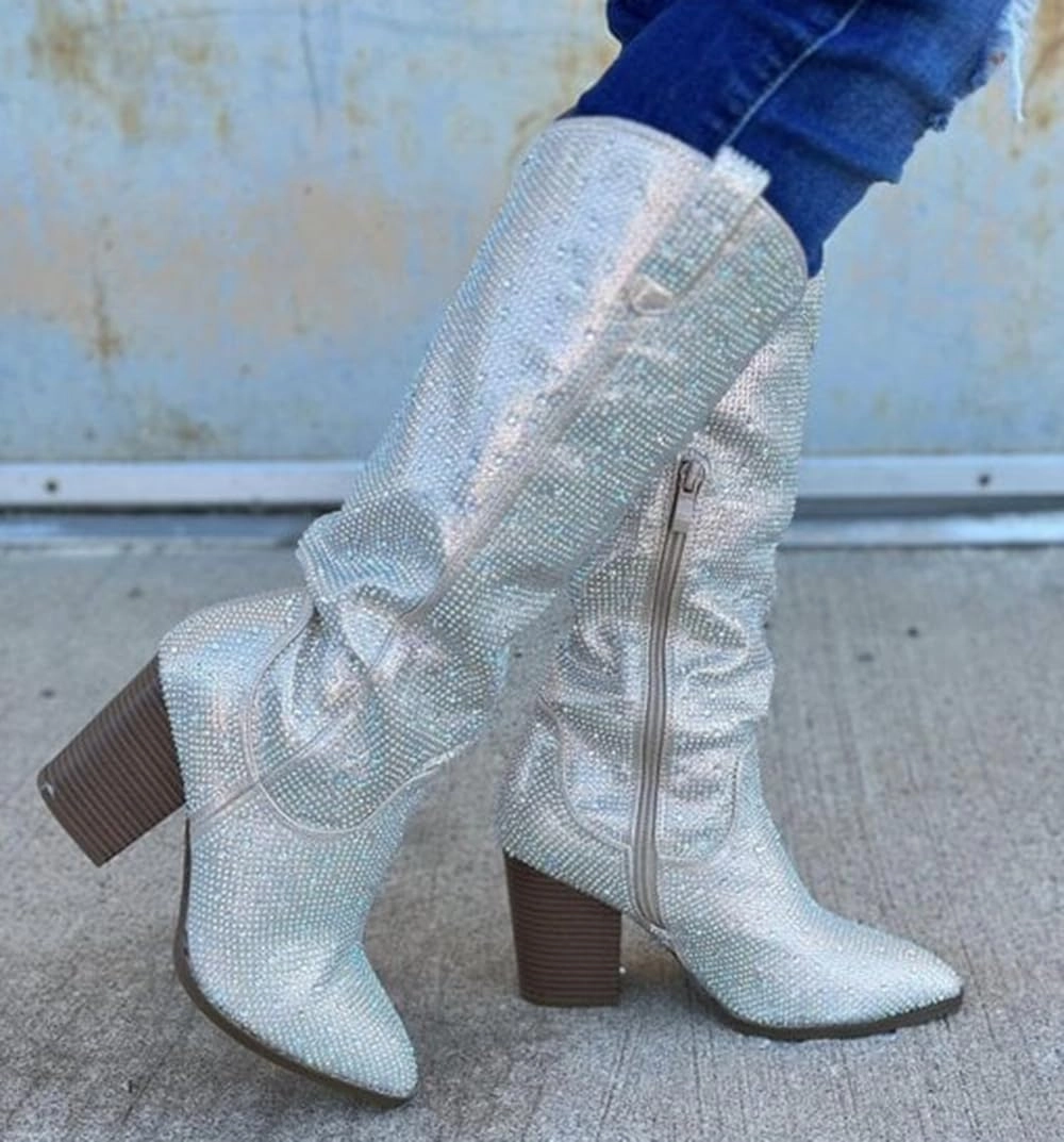 TOP Moda Women Knee High Boots Block High Heels Rhinestone Bling Glitter Side Zipper Pointed-Toe IMOGEN-38