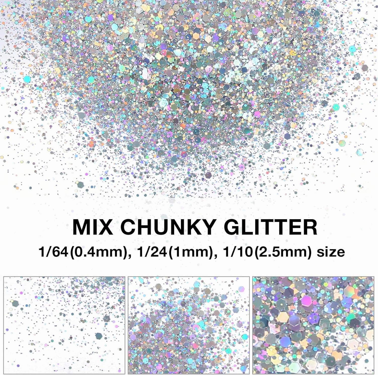 TORC 1 Pound Silver Holographic Glitter 16 OZ Mix Chunky Glitter Bulk for Resin Craft Cosmetic Art Festival Decoration