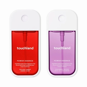 Touchland Power Essence Hydrating Body & Hair Fragrance, SOFT SOLACE DUO (Golden Amber   Cashmere Woods), 2 FL. OZ. Travel Size Body Mist (Set of 2)