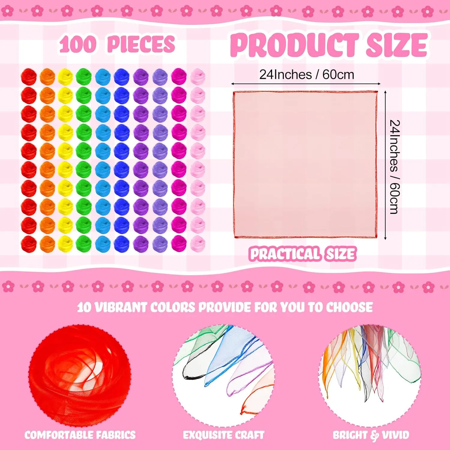 Toulite 100 Pcs Square Dance Scarves Bulk Juggling Play Silks Scarves 24 x 24 Inches Music Movement Dancing Performance Props Accessories(Classic Colors)