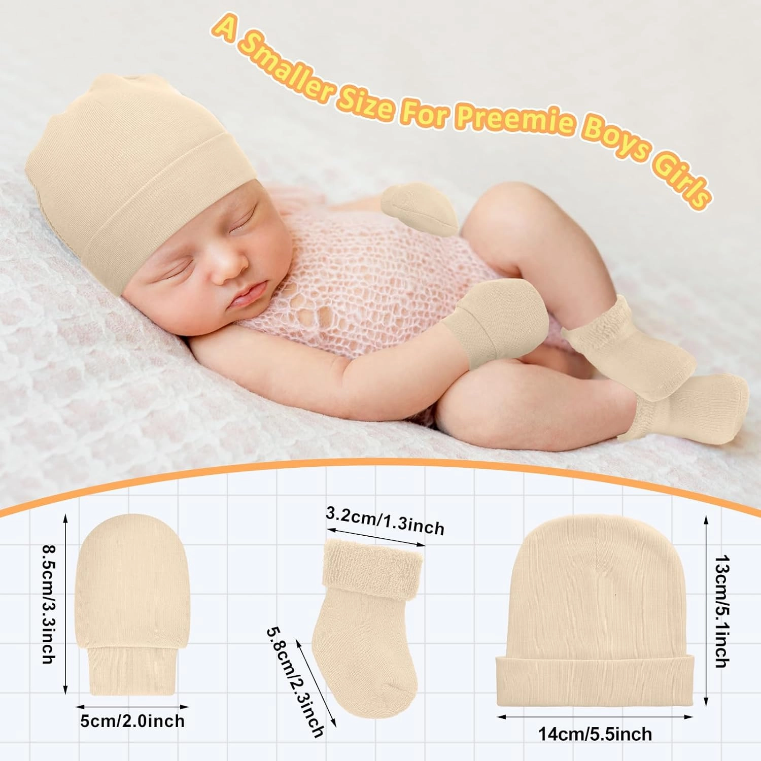 Toulite 6 Pack Preemie Hats Mittens and Socks Set Cotton Preemie Beanie Hat Socks and No Scratch Mittens