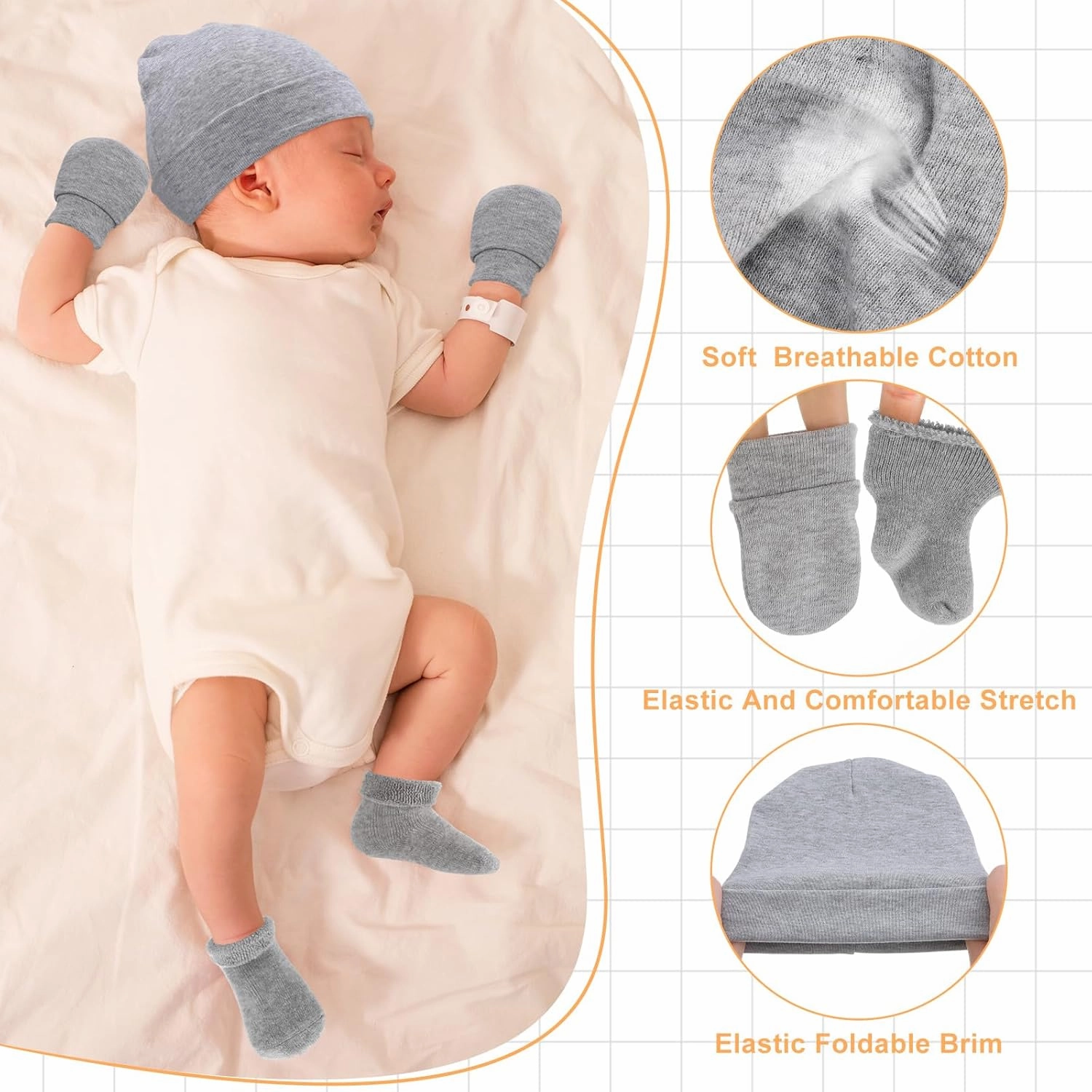 Toulite 6 Pack Preemie Hats Mittens and Socks Set Cotton Preemie Beanie Hat Socks and No Scratch Mittens