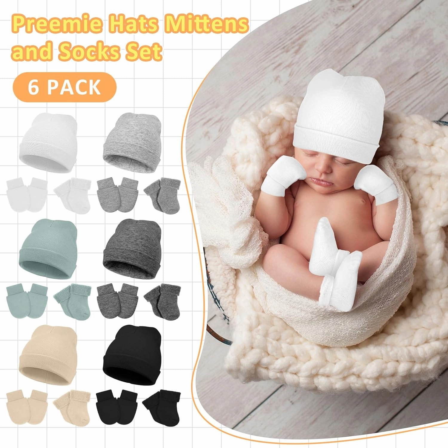Toulite 6 Pack Preemie Hats Mittens and Socks Set Cotton Preemie Beanie Hat Socks and No Scratch Mittens
