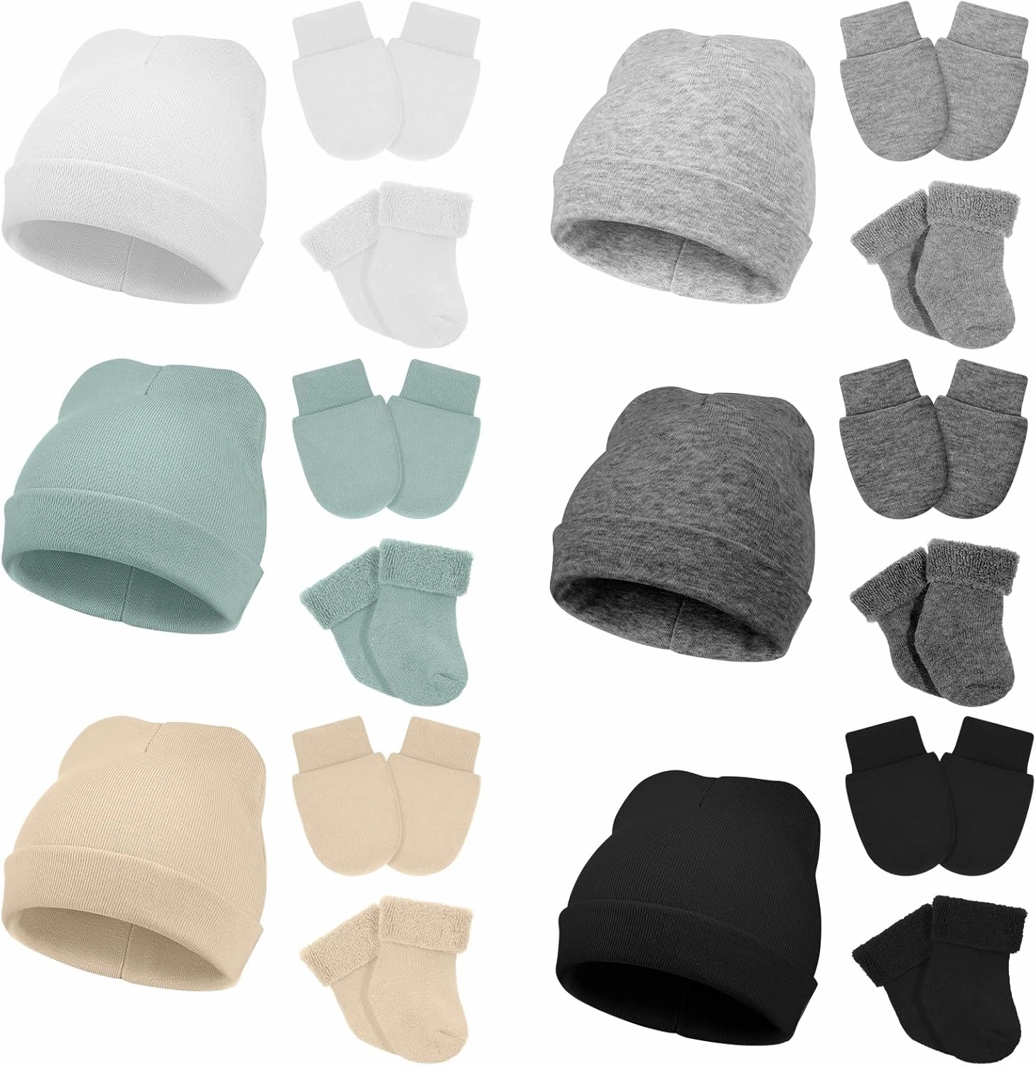 Toulite 6 Pack Preemie Hats Mittens and Socks Set Cotton Preemie Beanie Hat Socks and No Scratch Mittens