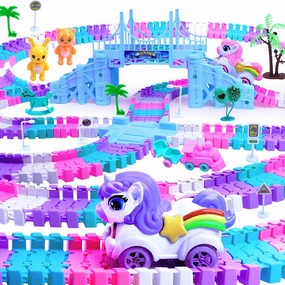 Tracks Car Toys Set for 2 3 4 5 6 7 Year Girl Toddler, 248 PCS Pink Magic Bendable Race Track Toy with 2 Unicorn Car Toy and 1 Pink Train, Birthday Gift Idea for Kid