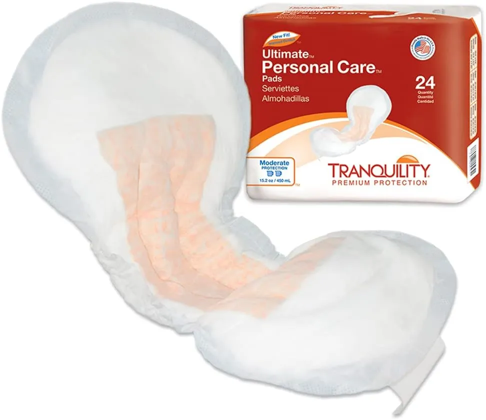 Tranquility Incontinence Personal Care Pads, Ultimate Absorbency, Promote Dryness and Protect Against Leakage, Soft Lining& Adhesive Strip for Secure Fit in Underwear, 9.5oz Capacity, 24ct Bag
