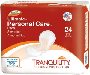 Tranquility Incontinence Personal Care Pads, Ultimate Absorbency, Promote Dryness and Protect Against Leakage, Soft Lining& Adhesive Strip for Secure Fit in Underwear, 9.5oz Capacity, 24ct Bag