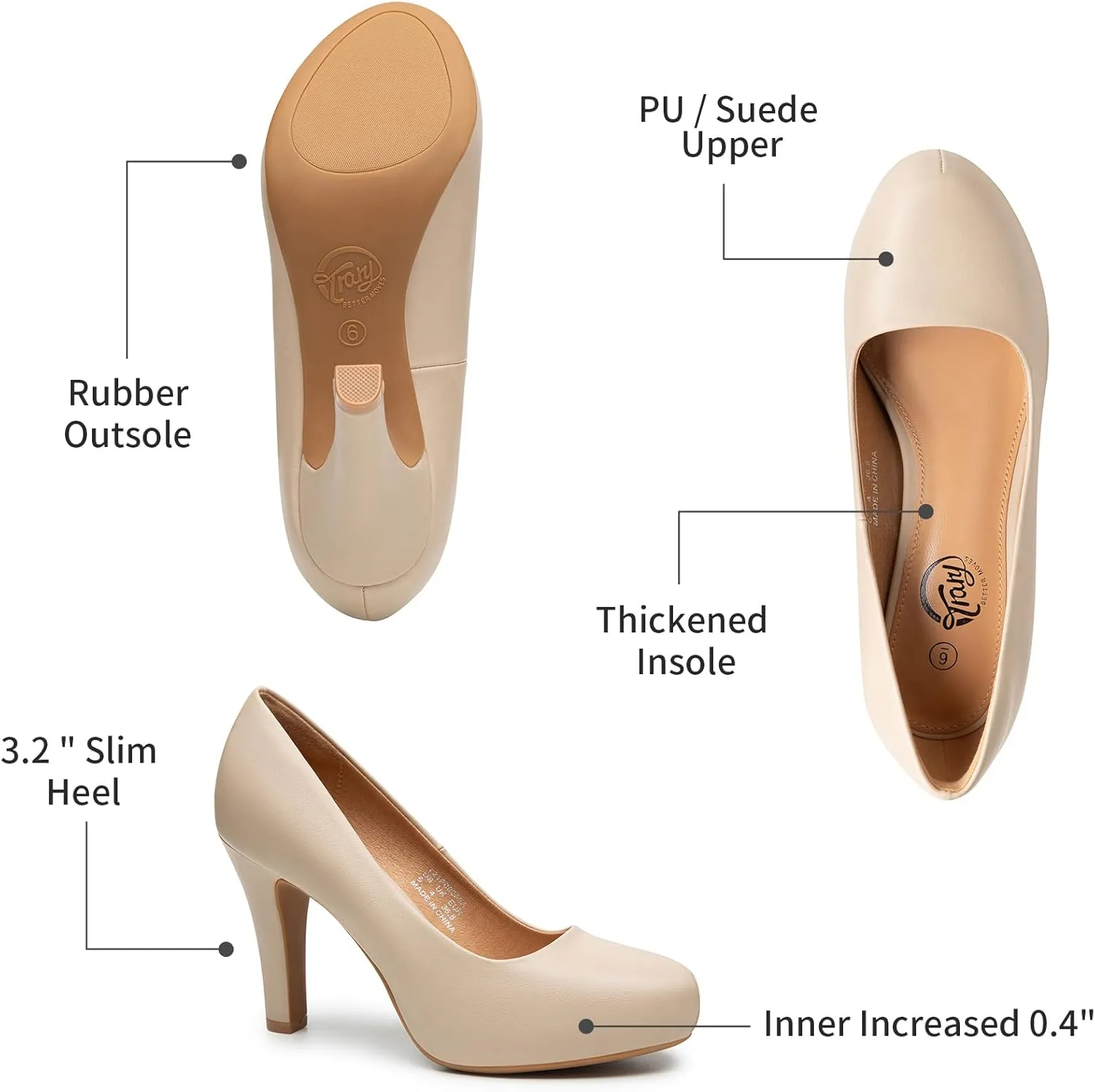 Trary Women's Heels for Women, Black Heels White Heels Brown Heels Nude Heels, Low Platform Heels, IN3.2 High Heel Closed Round Toe Pumps Dress Office Wedding Shoes for Women
