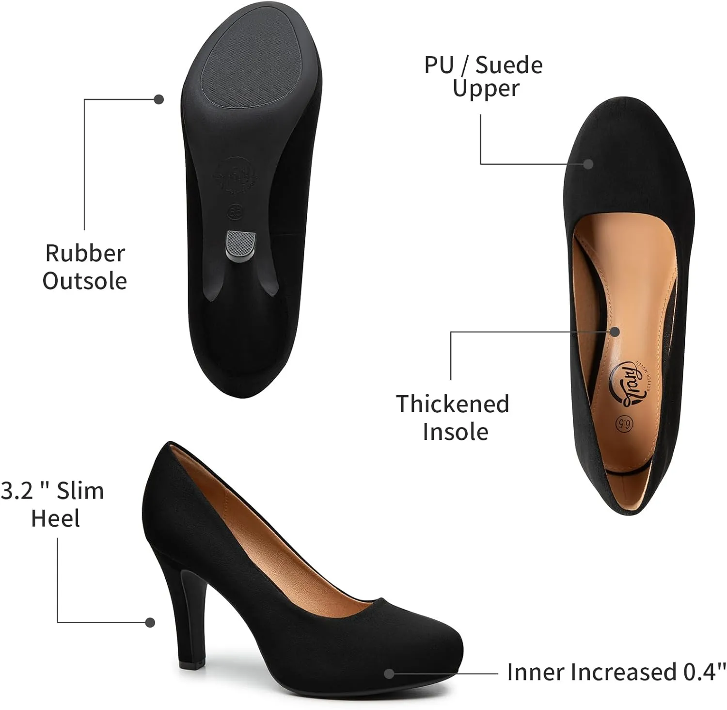 Trary Women's Heels for Women, Black Heels White Heels Brown Heels Nude Heels, Low Platform Heels, IN3.2 High Heel Closed Round Toe Pumps Dress Office Wedding Shoes for Women