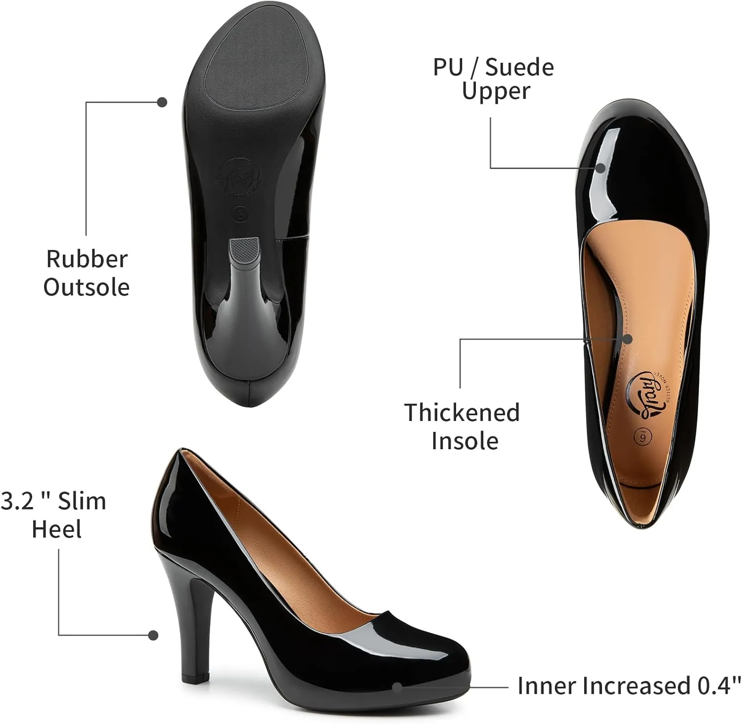 Trary Women's Heels for Women, Black Heels White Heels Brown Heels Nude Heels, Low Platform Heels, IN3.2 High Heel Closed Round Toe Pumps Dress Office Wedding Shoes for Women