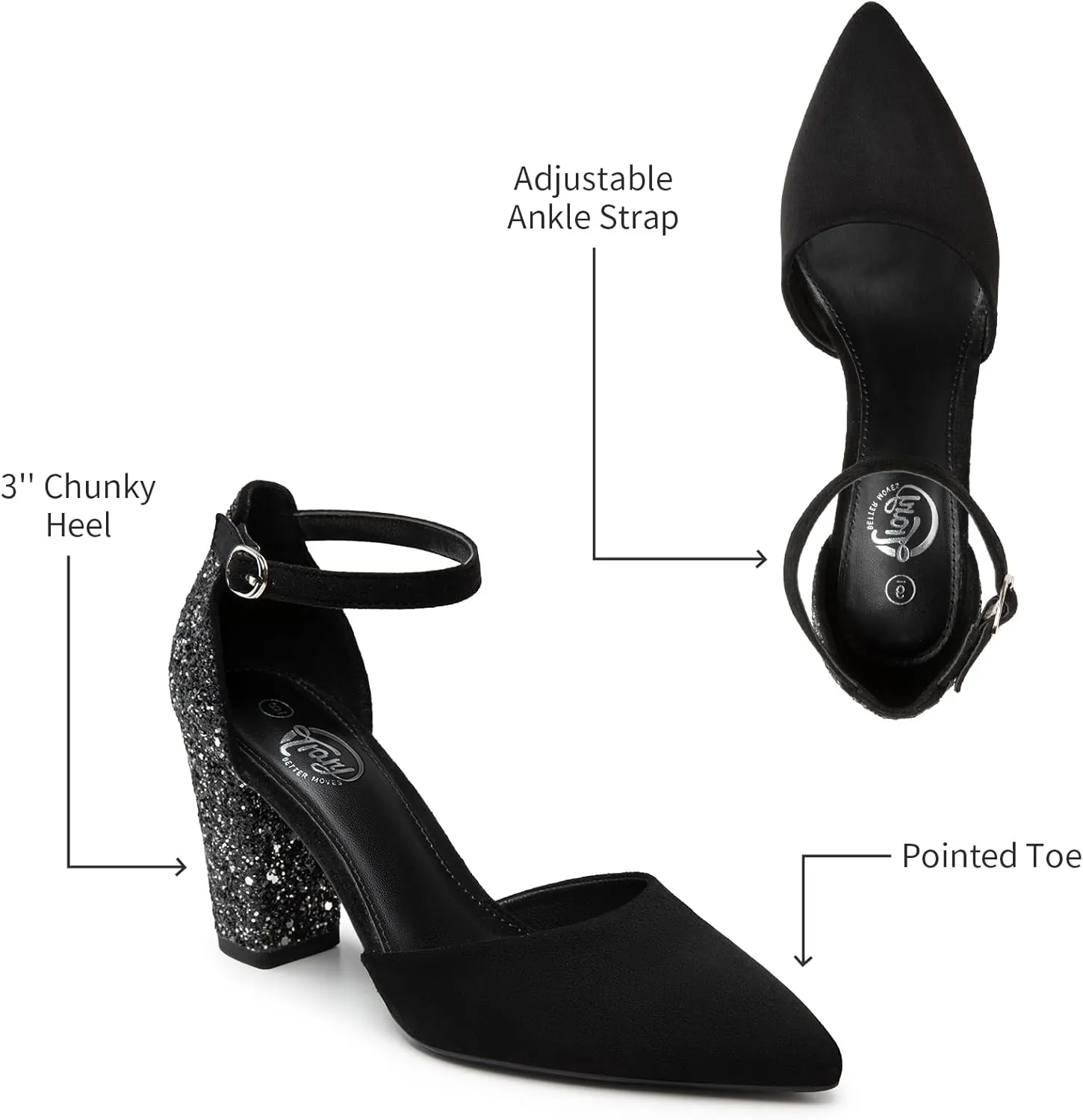 Trary Women's Pointed Toe Pumps,Ankle Strap Buckle Closed Toe Chunky Block Heel Pumps,Dress Office Wedding Party Shoes for Women