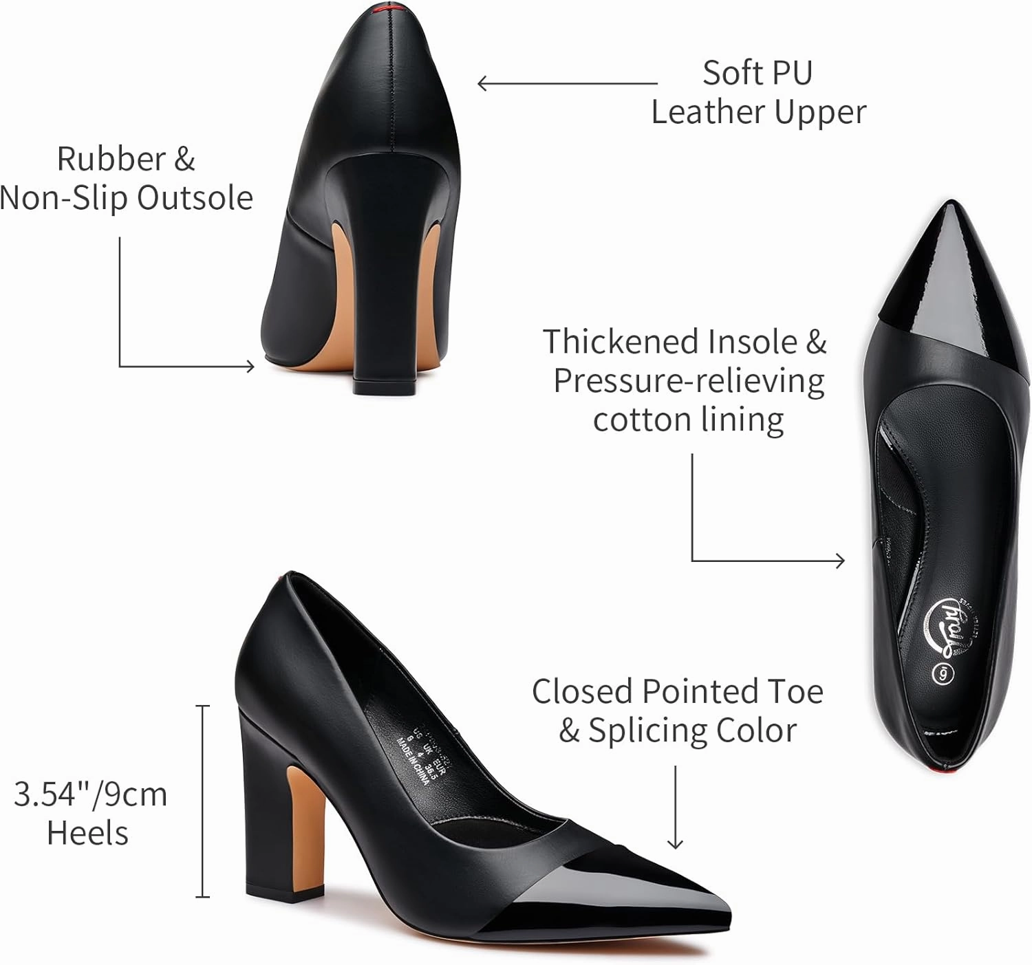 Trary Heels for Women Closed Pointed Toe Chunky Pumps Shoes Women Block High Heels Comfortable Slip-On Dress Office Party Wedding Shoes 3.54" Heel