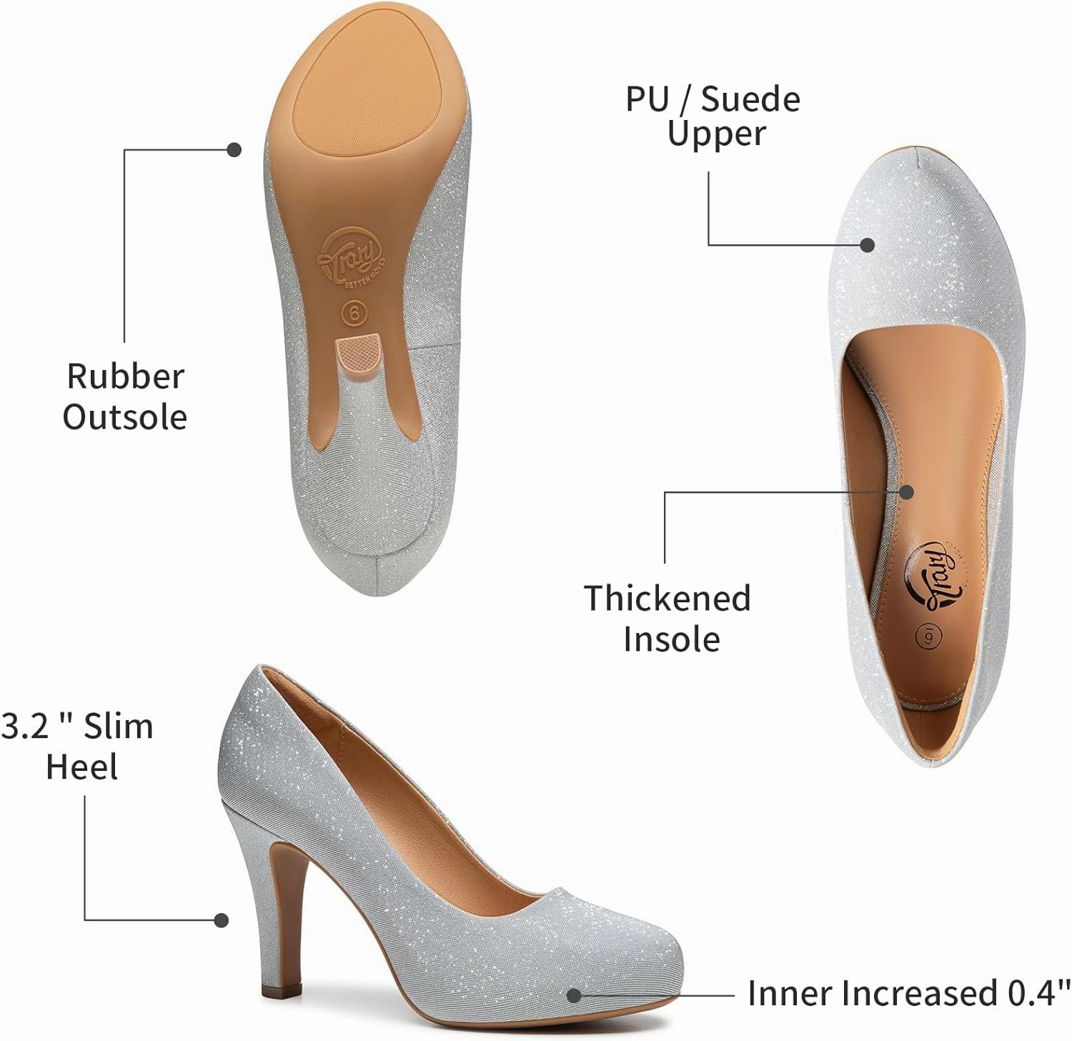 Trary Women's Heels for Women, Black Heels White Heels Brown Heels Nude Heels, Low Platform Heels, IN3.2 High Heel Closed Round Toe Pumps Dress Office Wedding Shoes for Women