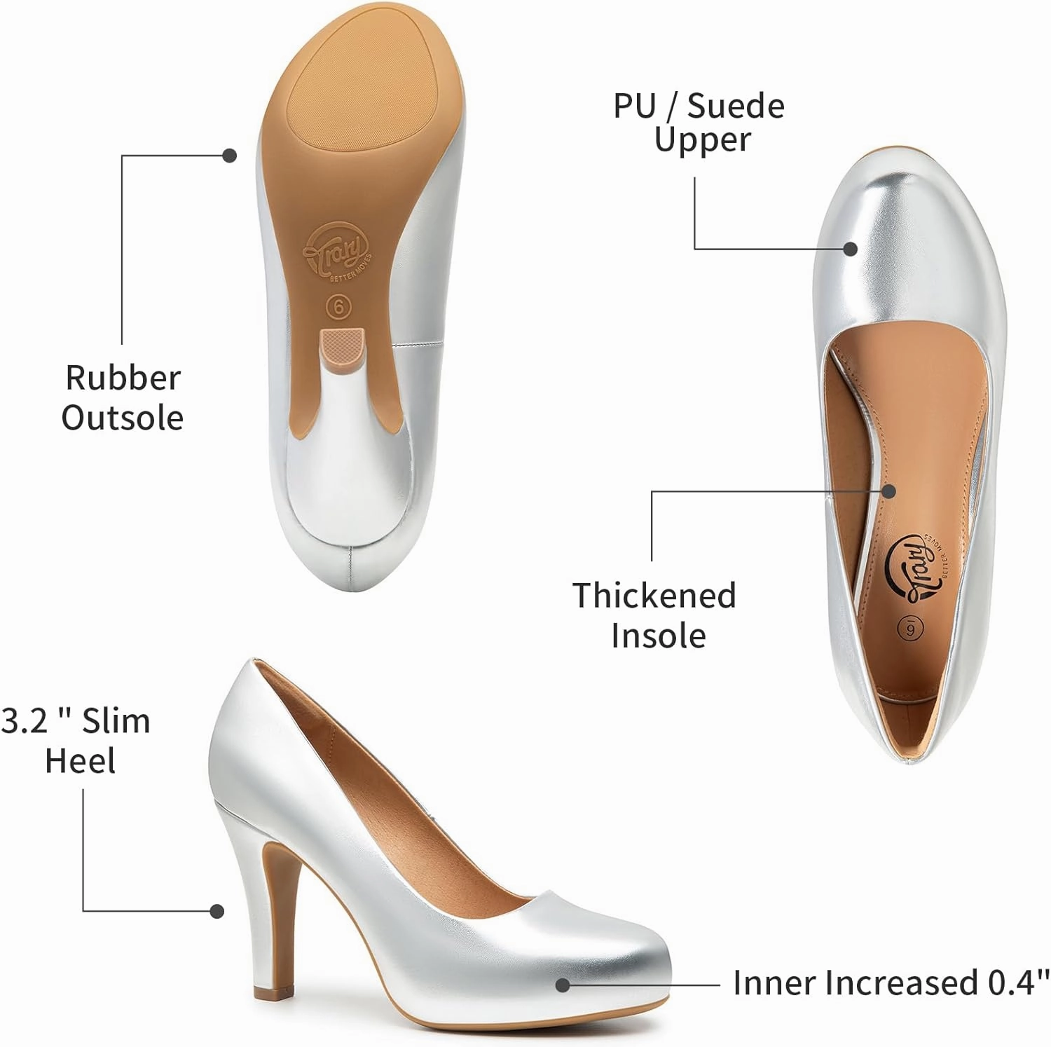 Trary Women's Heels for Women, Black Heels White Heels Brown Heels Nude Heels, Low Platform Heels, IN3.2 High Heel Closed Round Toe Pumps Dress Office Wedding Shoes for Women