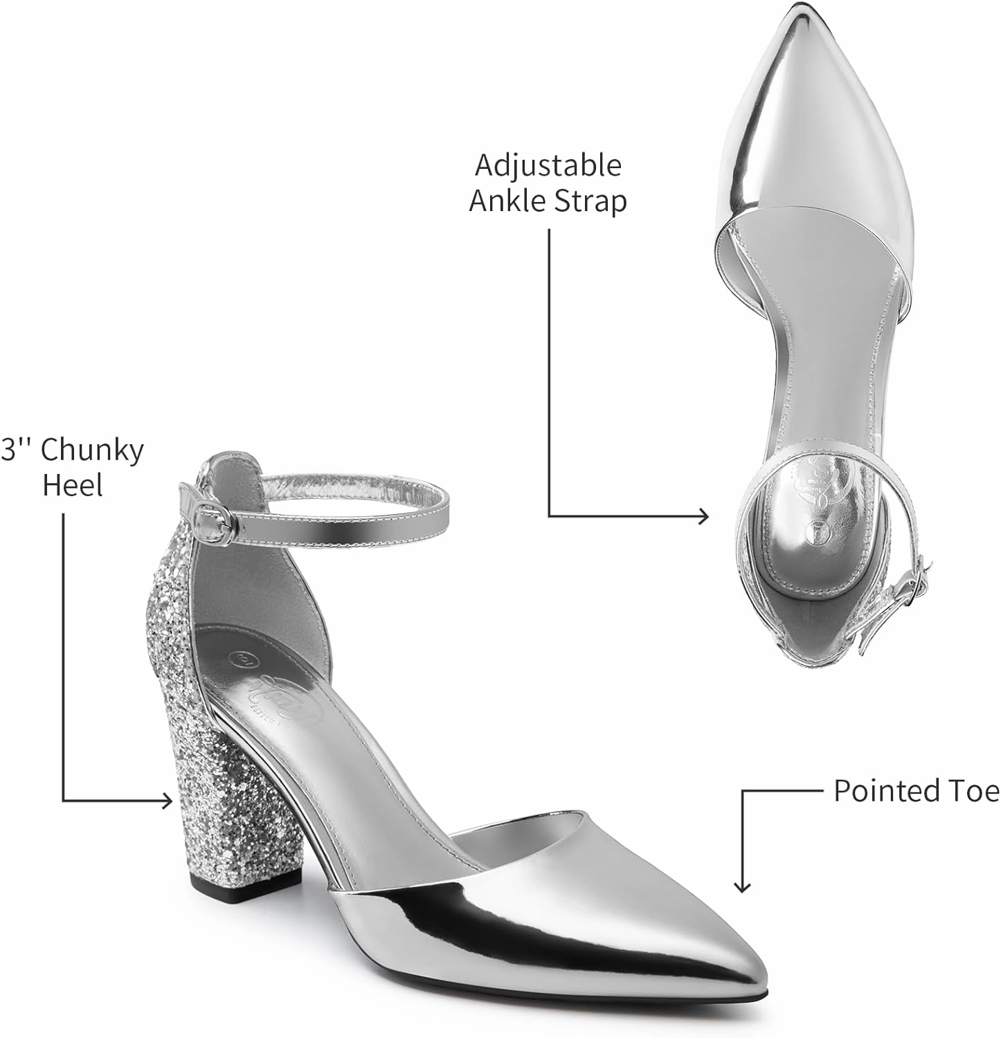 Trary Women's Pointed Toe Pumps,Ankle Strap Buckle Closed Toe Chunky Block Heel Pumps,Dress Office Wedding Party Shoes for Women