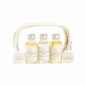 Travel Skincare Gift Set - Cleansing Oil & Make Up Remover 1 oz, Blue Lavender Cleanser 1 oz, Sage & Gold Toner 1 oz, Day Cream .125 oz, Eye Balm .125 oz & Organic Cotton Applicators 3.25oz