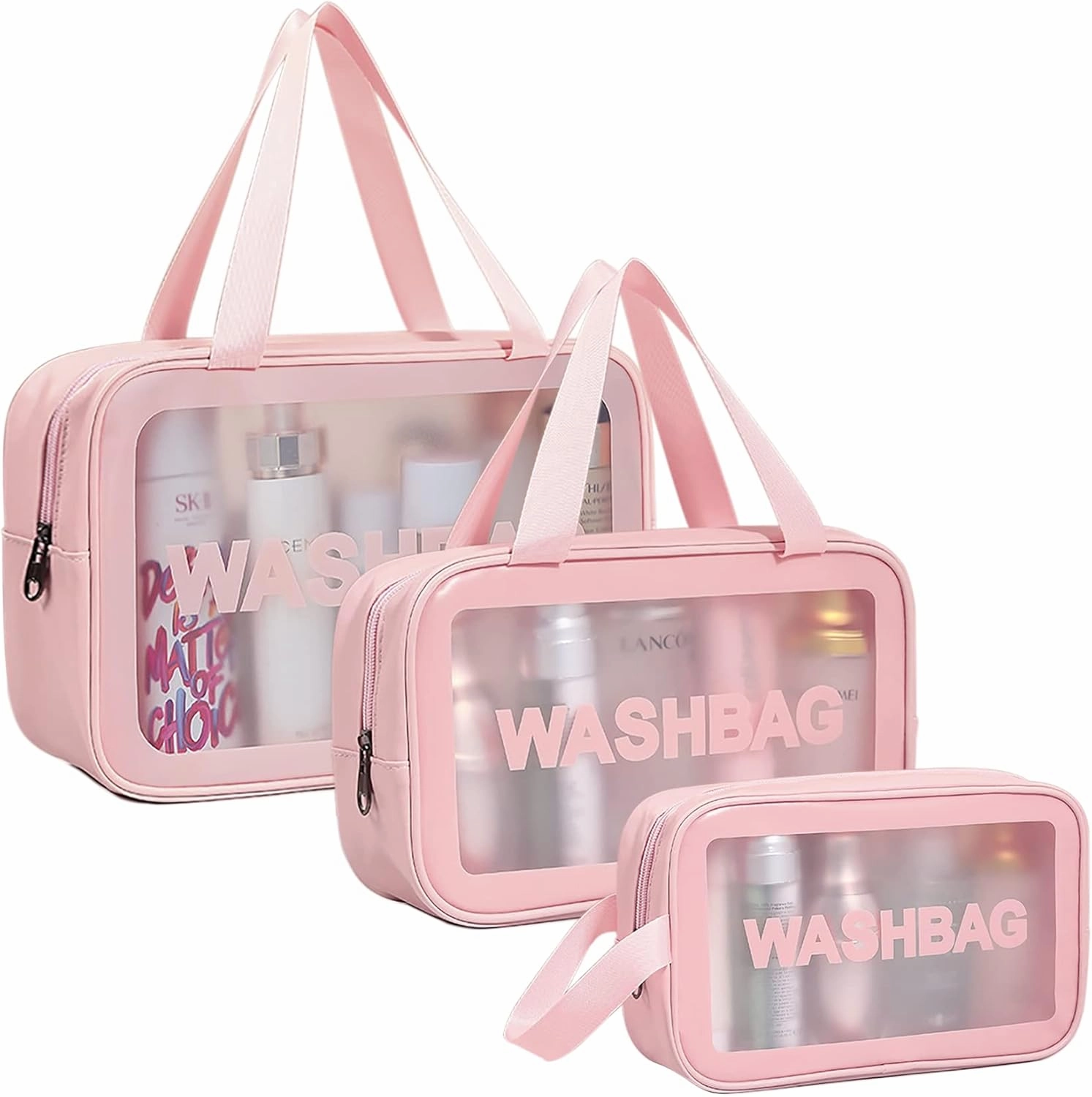 Travel Toiletry Bag for Women, Matte Translucent Shower Bag with Handy Handle, Makeup Cosmetic Organizer Bag for Travel Toiletries Accessories (Pink)