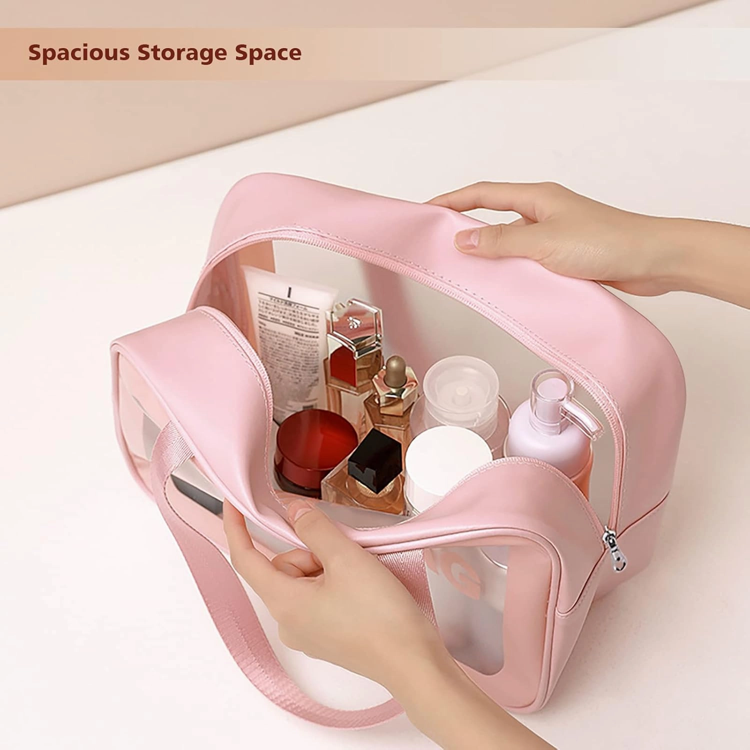 Travel Toiletry Bag for Women, Matte Translucent Shower Bag with Handy Handle, Makeup Cosmetic Organizer Bag for Travel Toiletries Accessories (Pink)